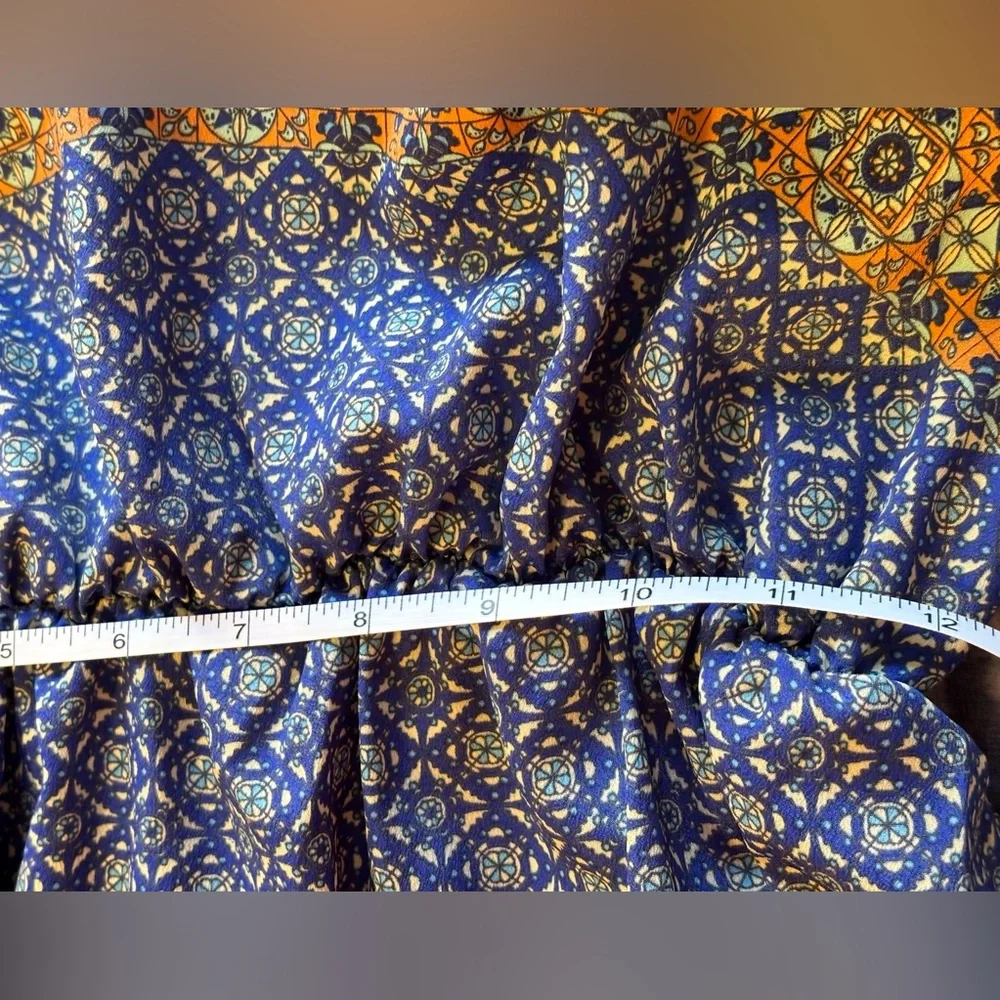 🌸 Peach Royal Boho Maxi Size Medium Blue/Teal/Orange Graphic Print Dress